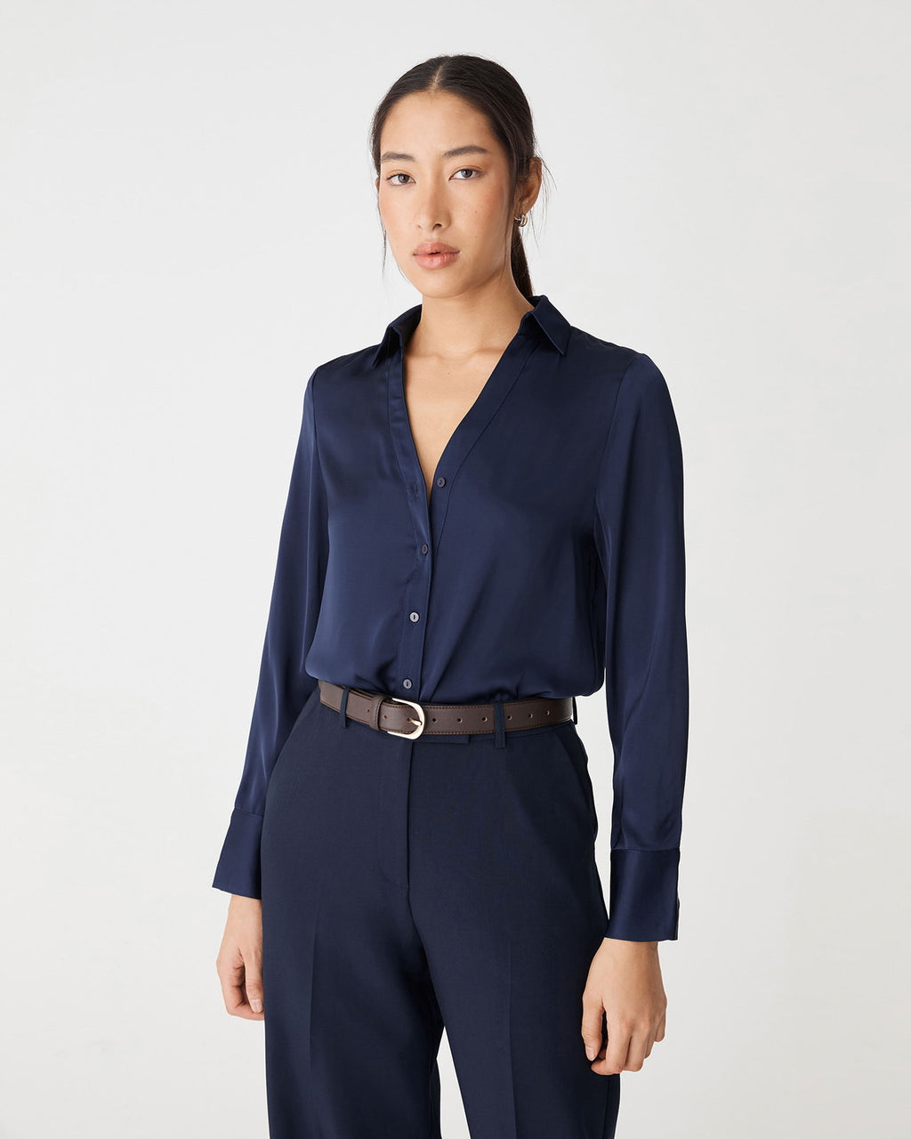 Lila V-Neck Satin Blouse in midnight — close-up view