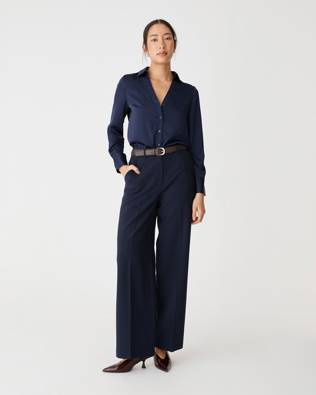 Lila V-Neck Satin Blouse in midnight — full-length view