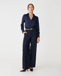 Lila V-Neck Satin Blouse in midnight — full-length view