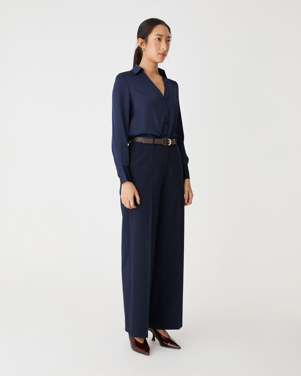 Lila V-Neck Satin Blouse in midnight — side view