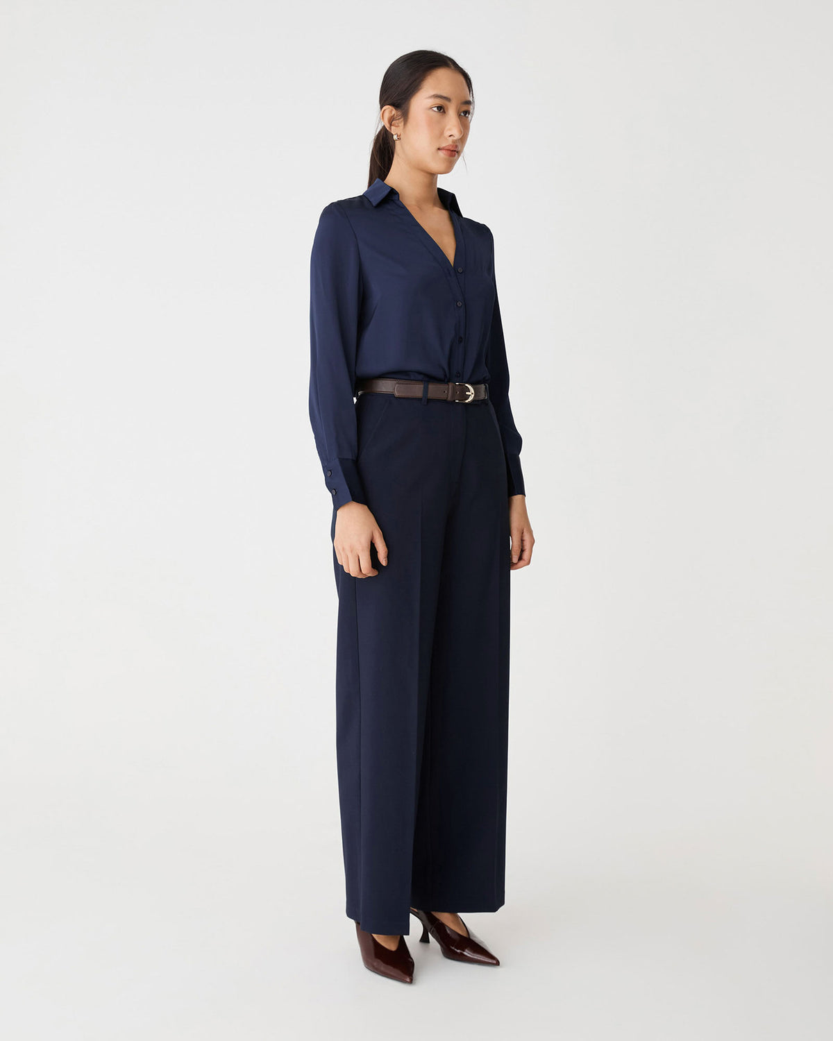 Lila V-Neck Satin Blouse in midnight — side view