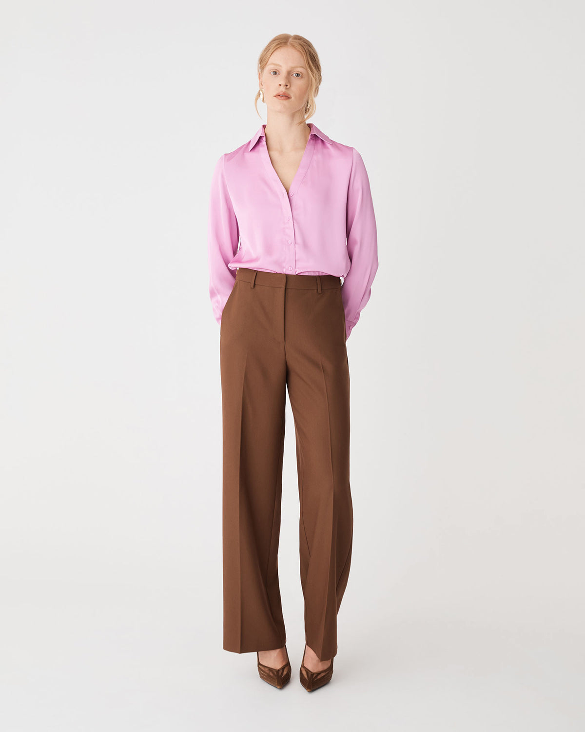 Lila V-Neck Satin Blouse in orchid — full-length view