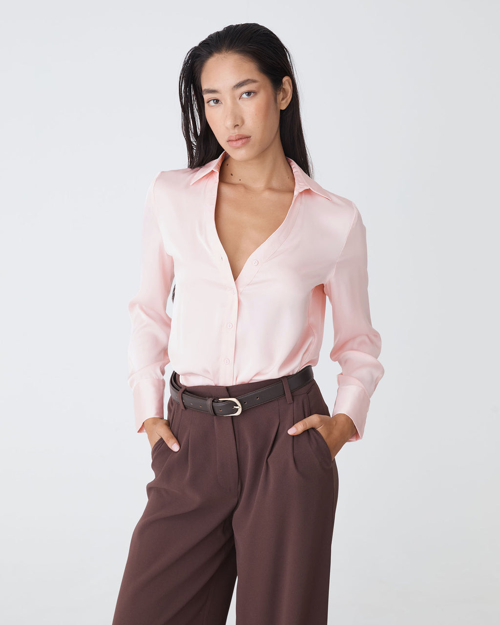 Lila V-Neck Satin Blouse in pink — close-up view