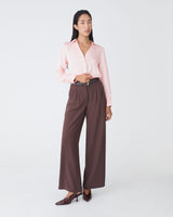 Lila V-Neck Satin Blouse in pink — full-length view