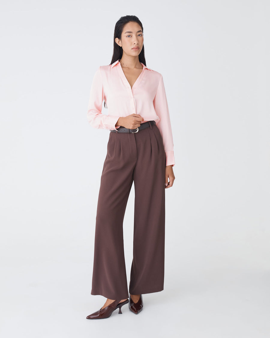 Lila V-Neck Satin Blouse in pink — full-length view