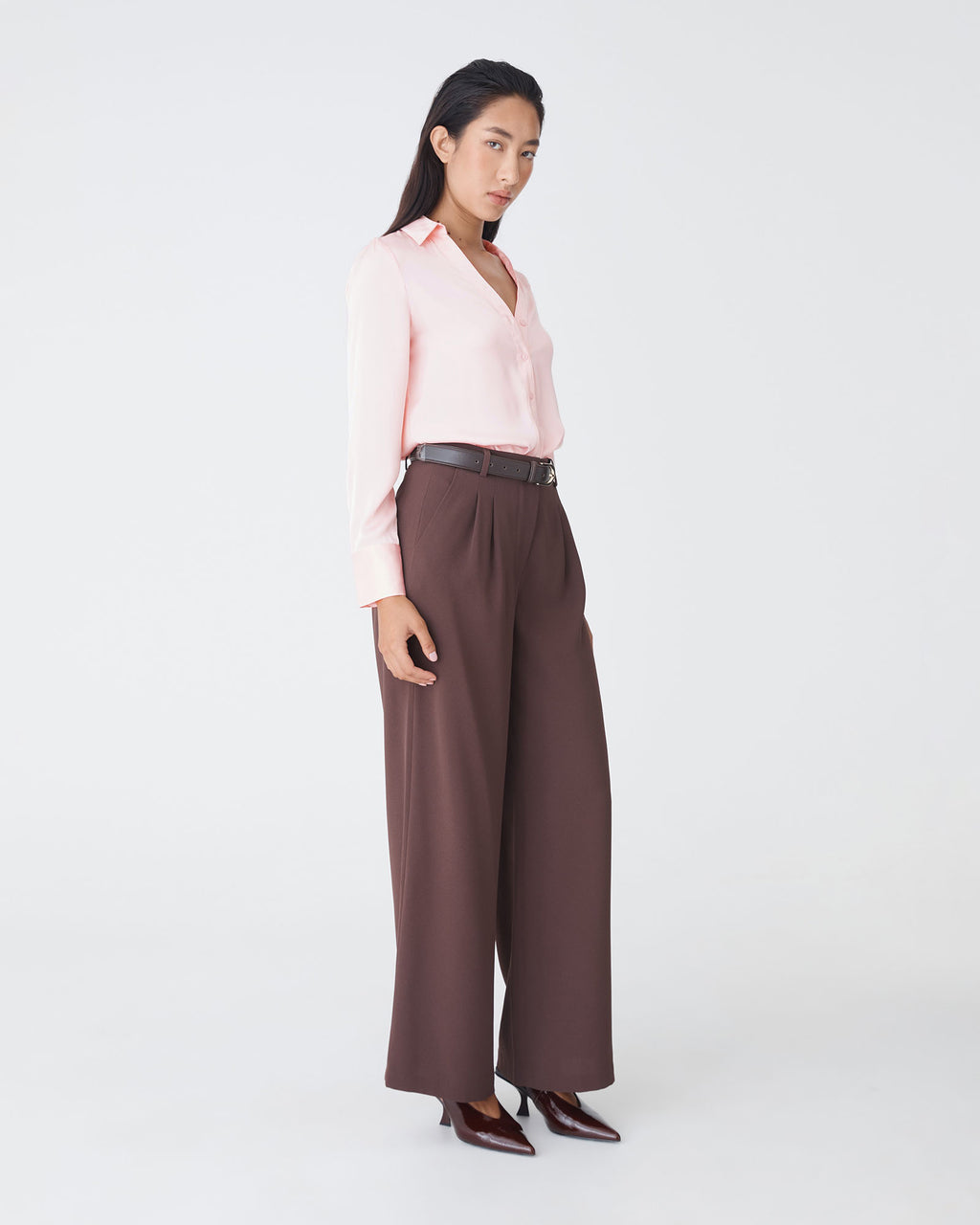 Lila V-Neck Satin Blouse in pink — side view