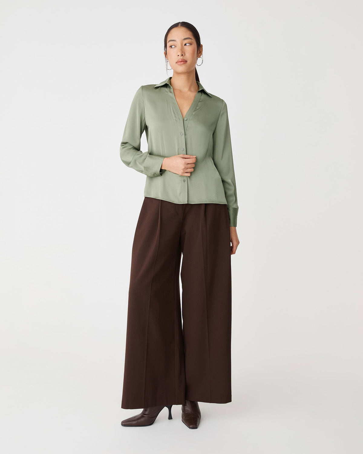 Lila V-Neck Satin Blouse in soft khaki — full-length view