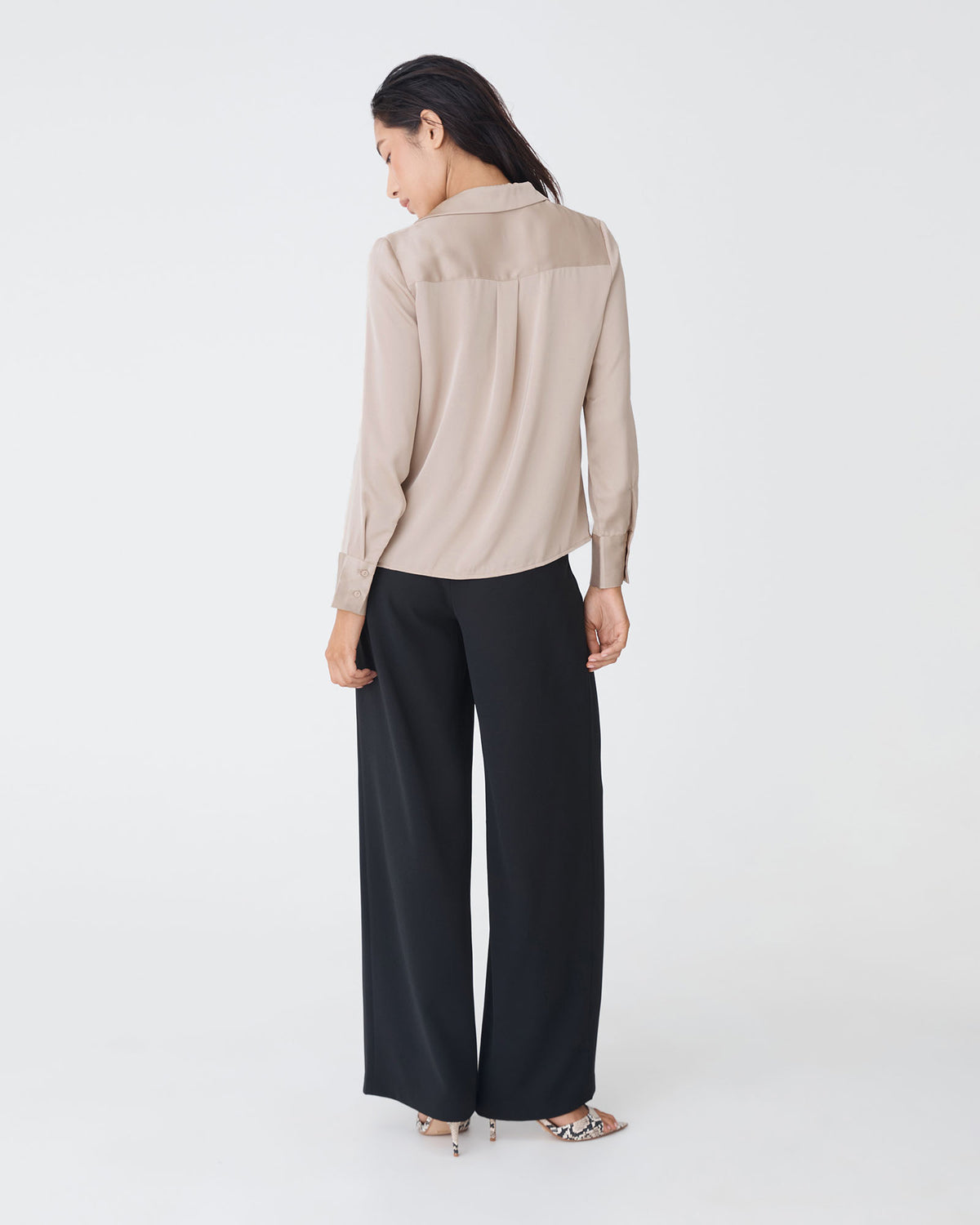 Lila V-Neck Satin Blouse in sand — back view
