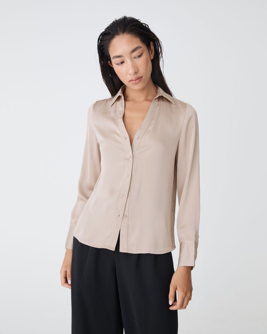 Lila V-Neck Satin Blouse in sand — close-up view