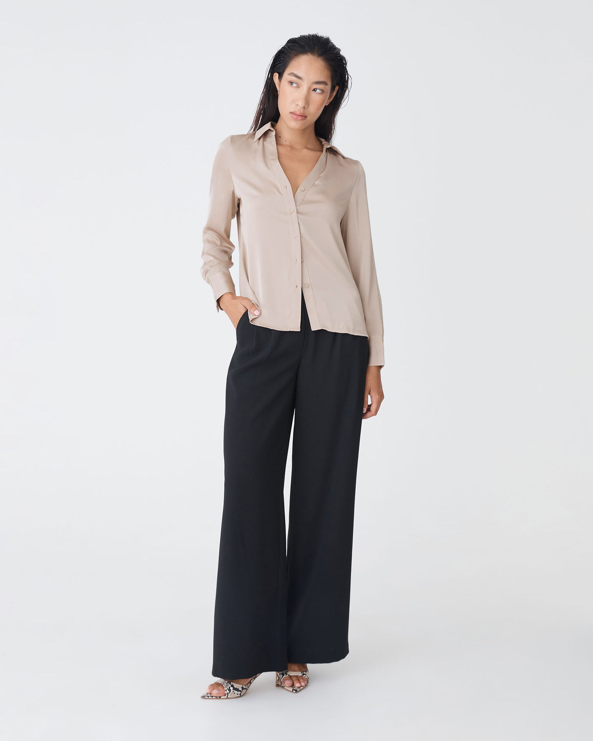 Lila V-Neck Satin Blouse in sand — full-length view