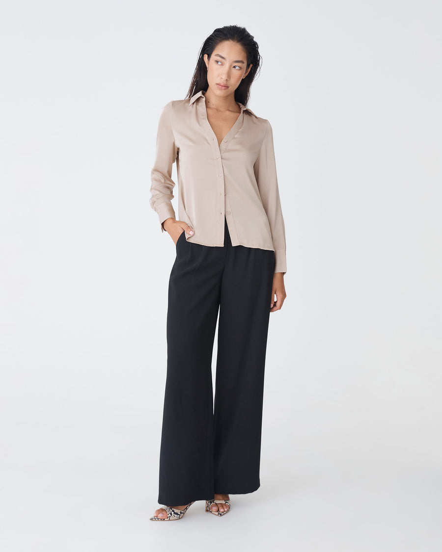 Lila V-Neck Satin Blouse in sand — full-length view