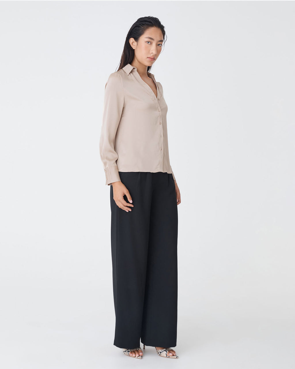 Lila V-Neck Satin Blouse in sand — side view