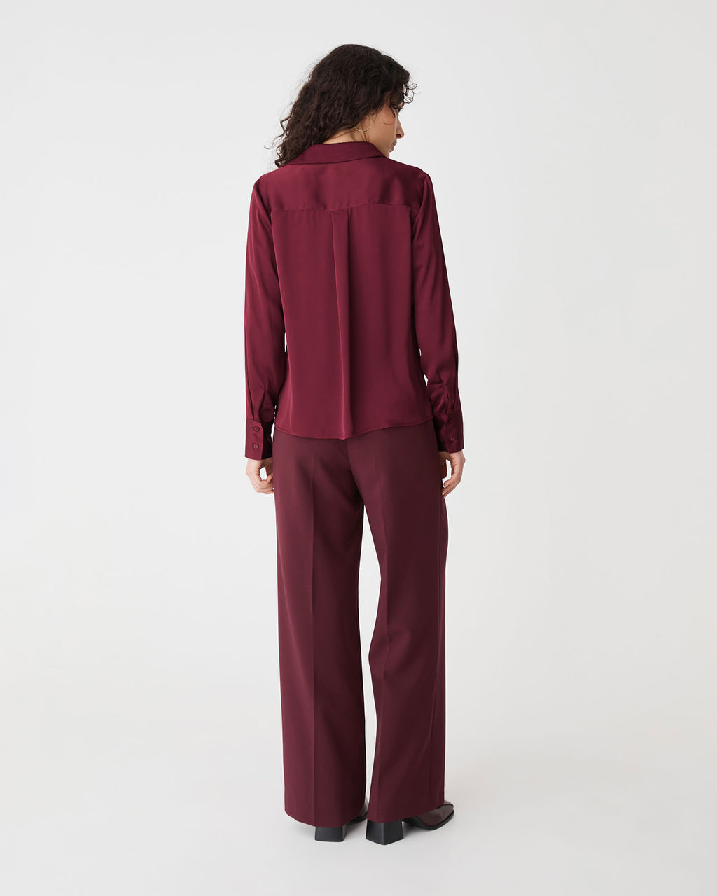 Lila V-Neck Satin Blouse in wine — back view