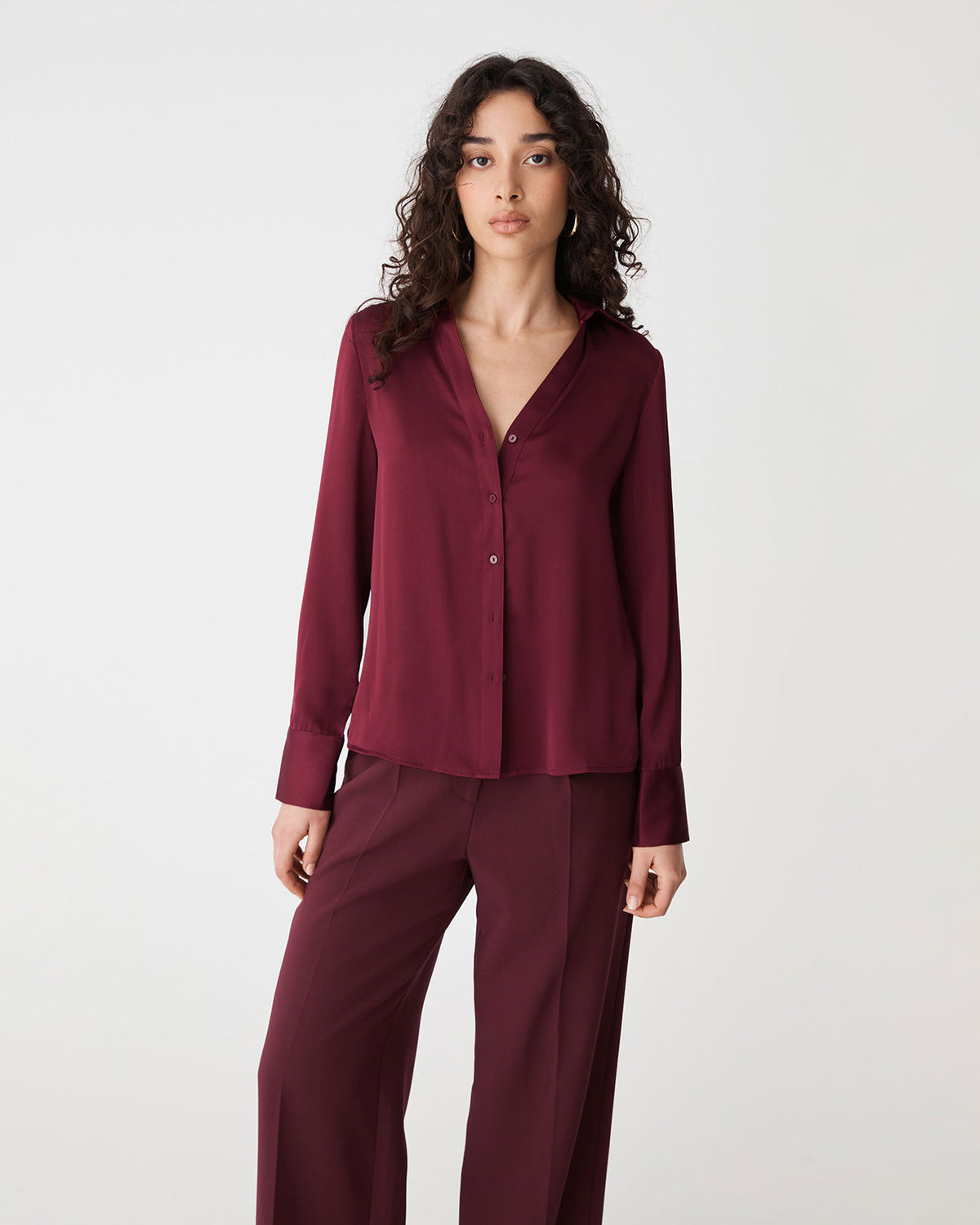 Lila V-Neck Satin Blouse in wine — close-up view