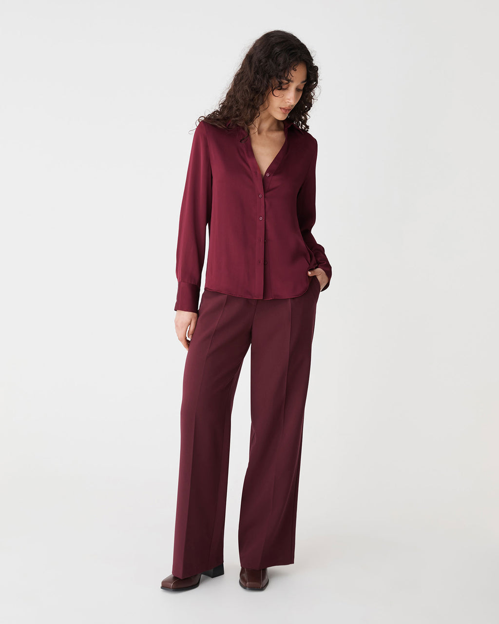Lila V-Neck Satin Blouse in wine — full-length view
