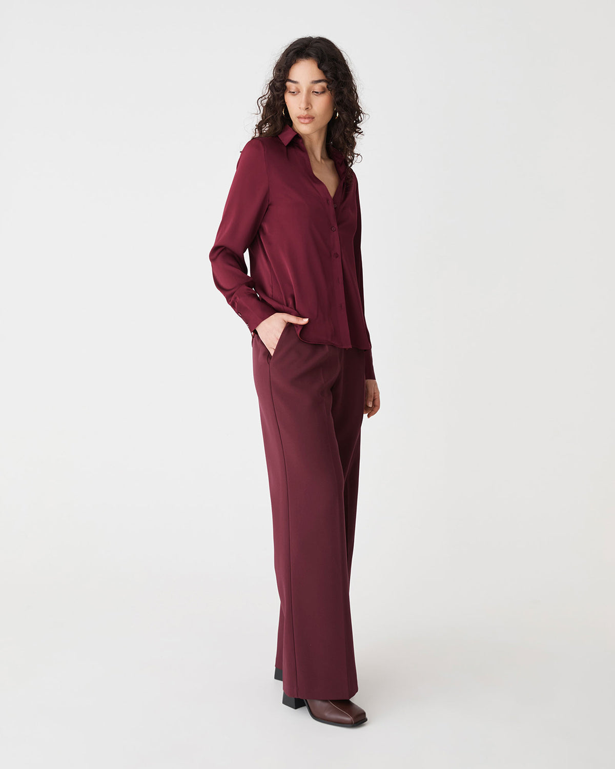 Lila V-Neck Satin Blouse in wine — side view