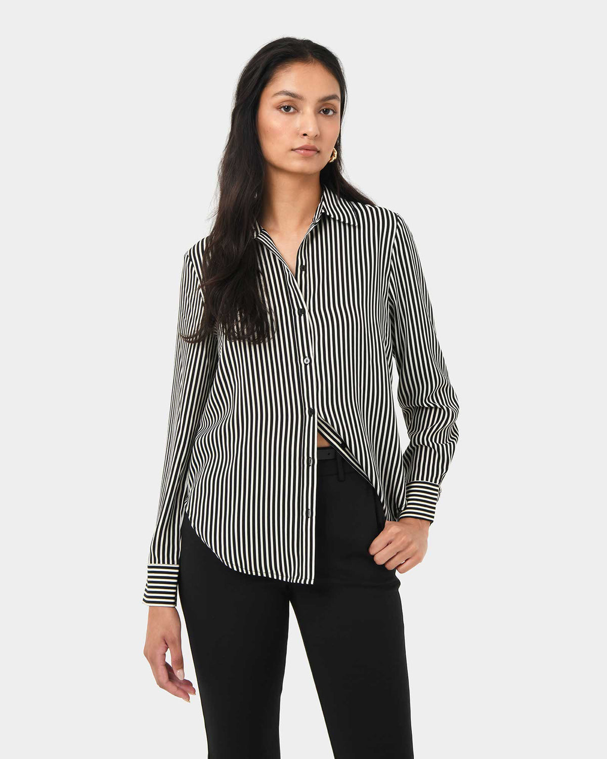 Wanda Stripe Satin Shirt in ivory black — close-up view