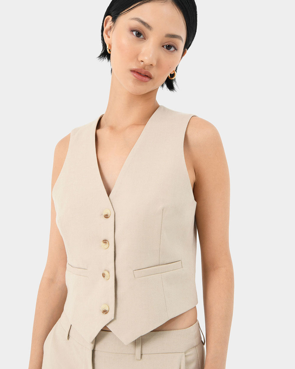 Mariel Tailored Vest in sand beige — close-up view