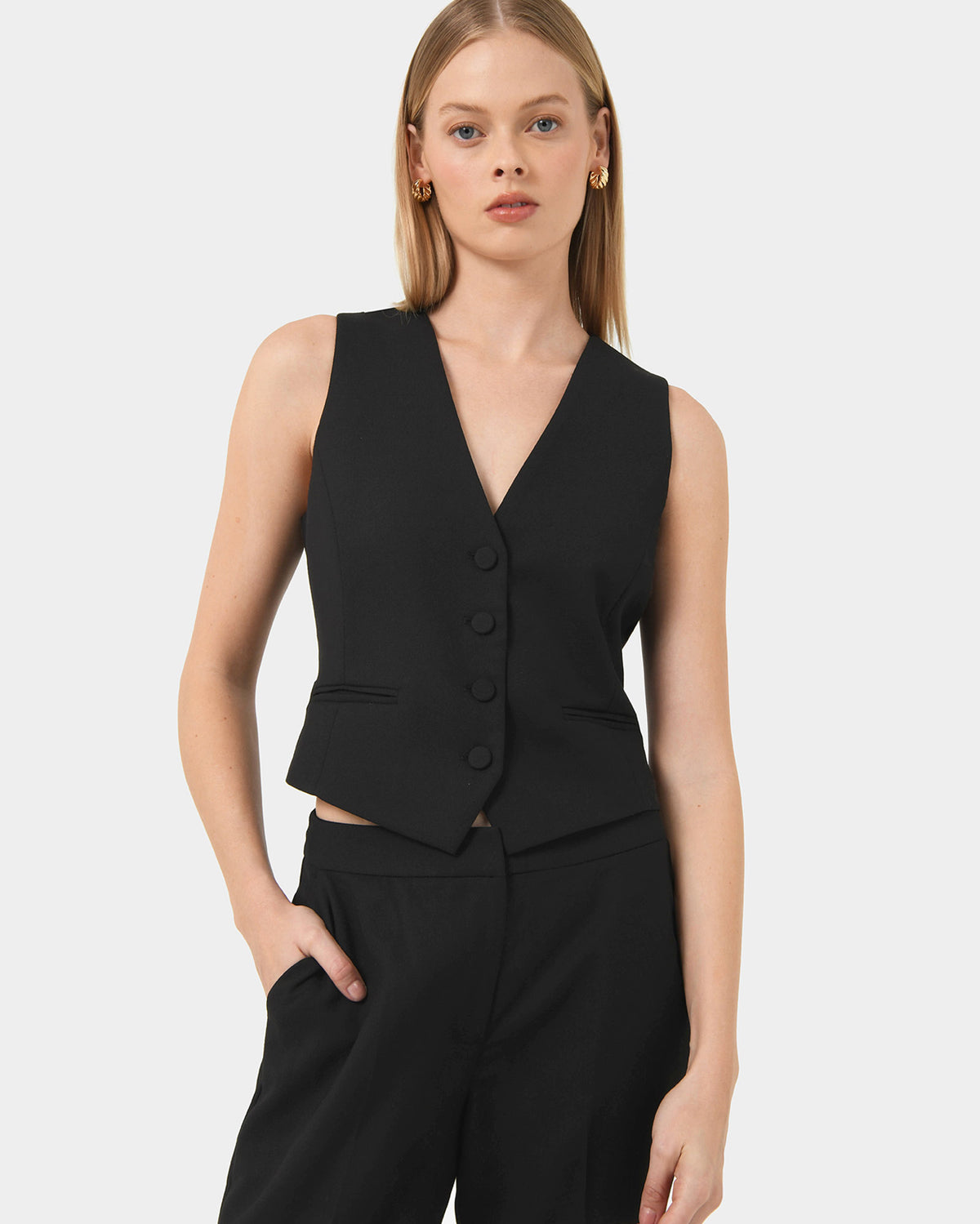Colette Tailored Vest in black — close-up view 2