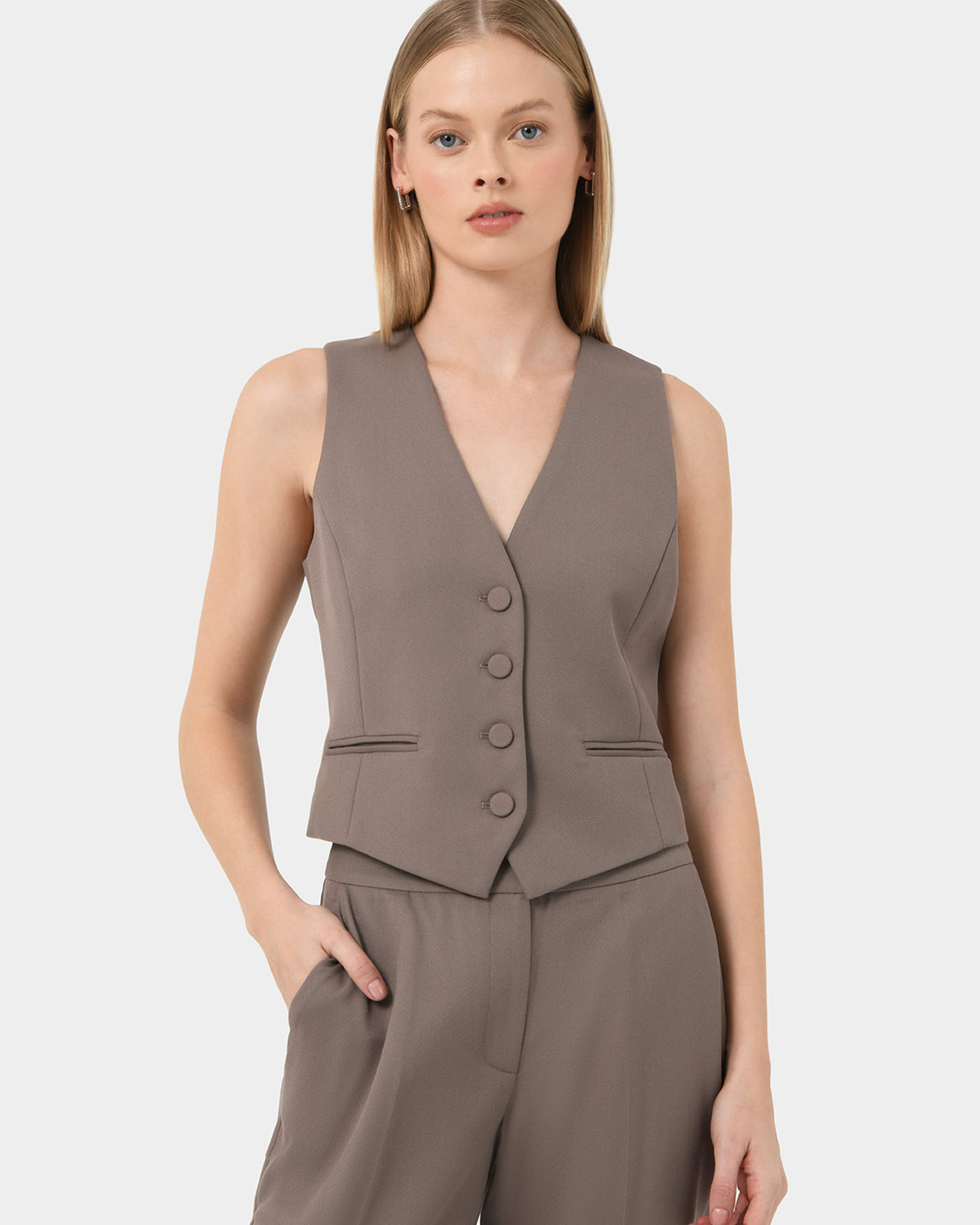 Colette Tailored Vest in taupe — close-up view