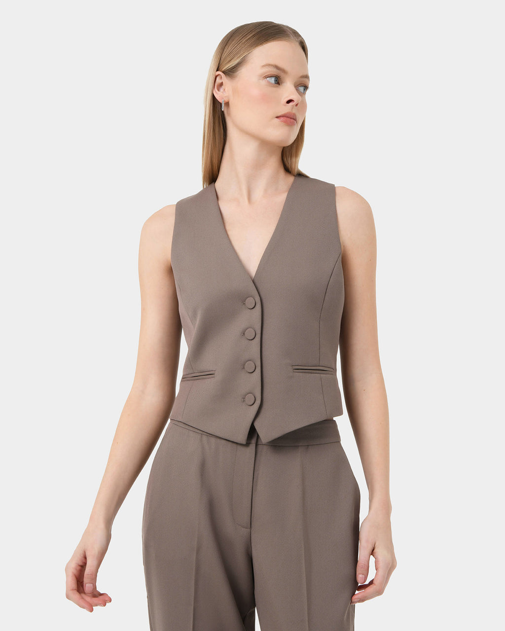 Colette Tailored Vest in taupe — close-up view 2