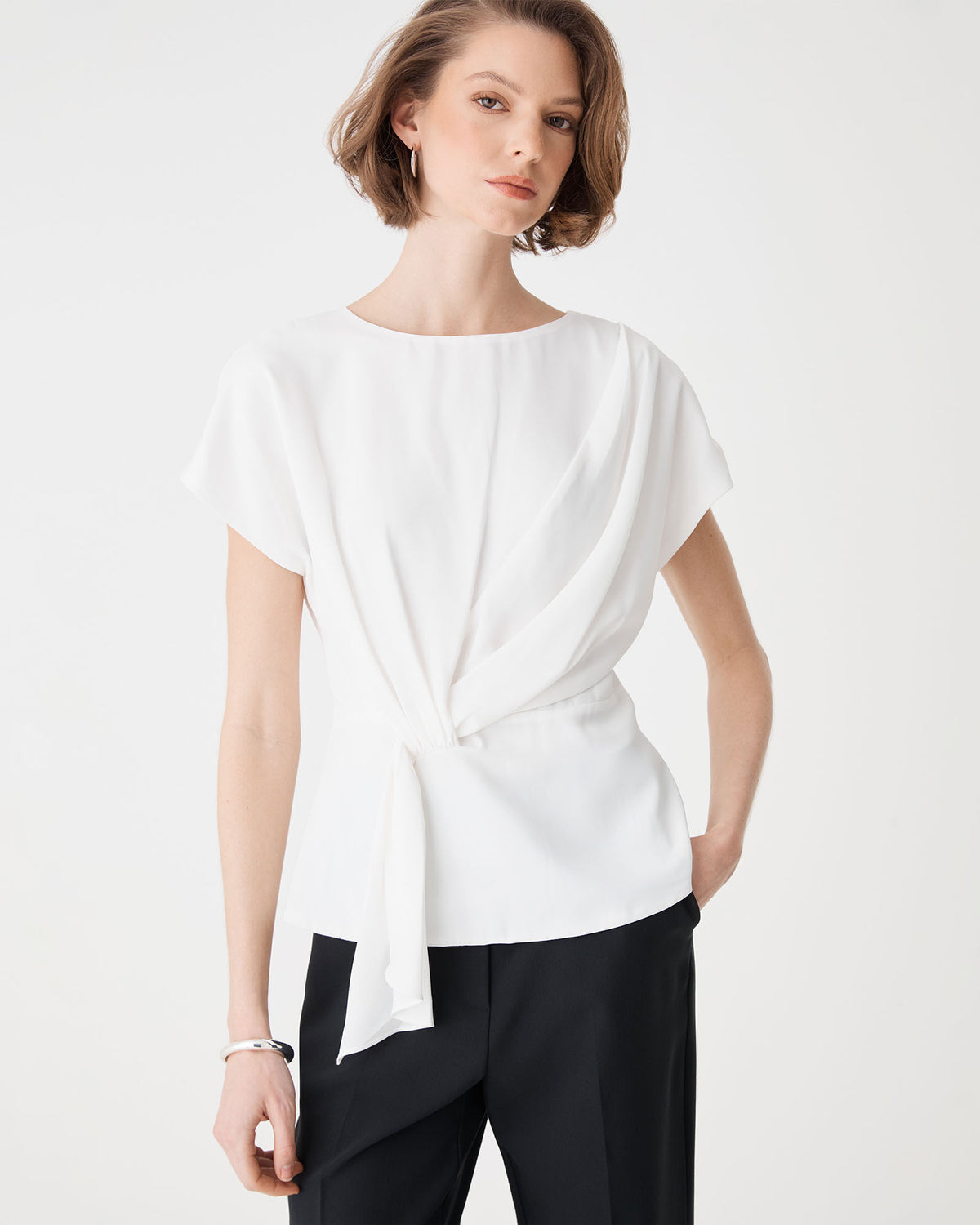 Athena Draped Top in ivory — fabric detail