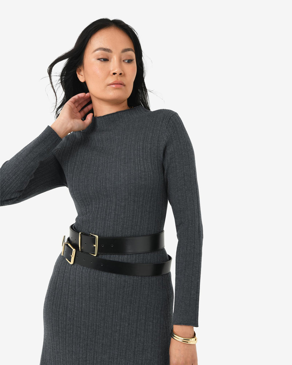 Bambi Knit Midi Dress in charcoal — close-up view