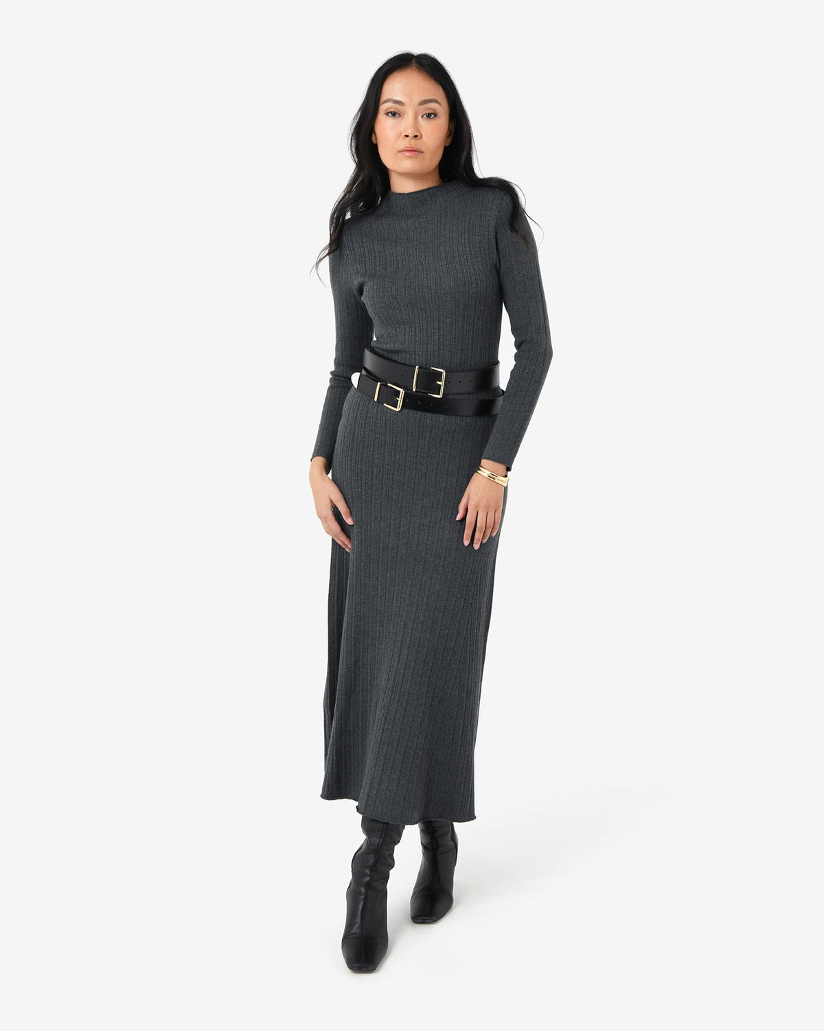 Bambi Knit Midi Dress in charcoal — full-length view