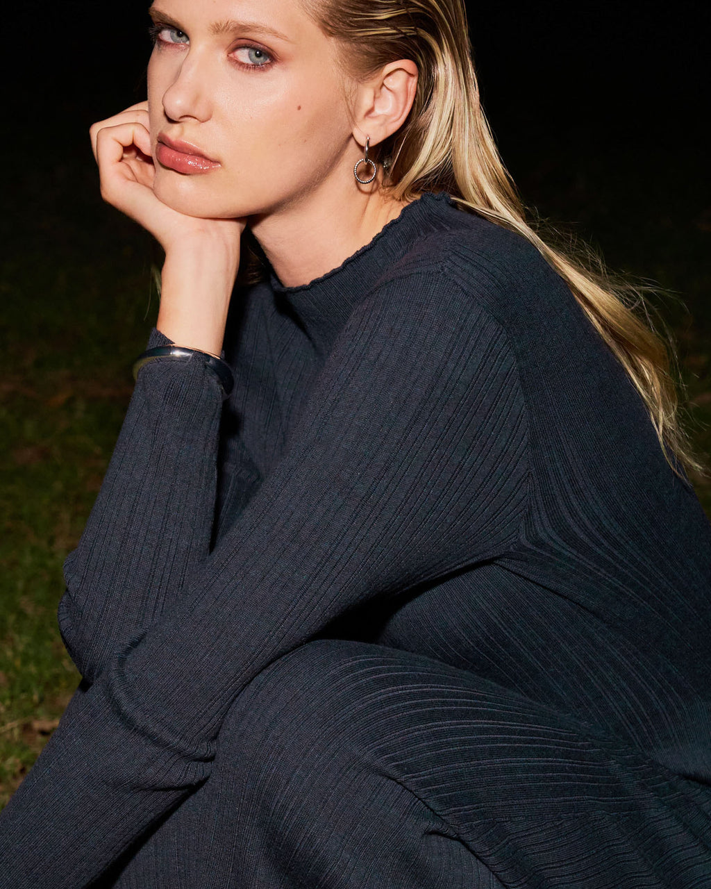 Bambi Knit Midi Dress in navy — fabric detail