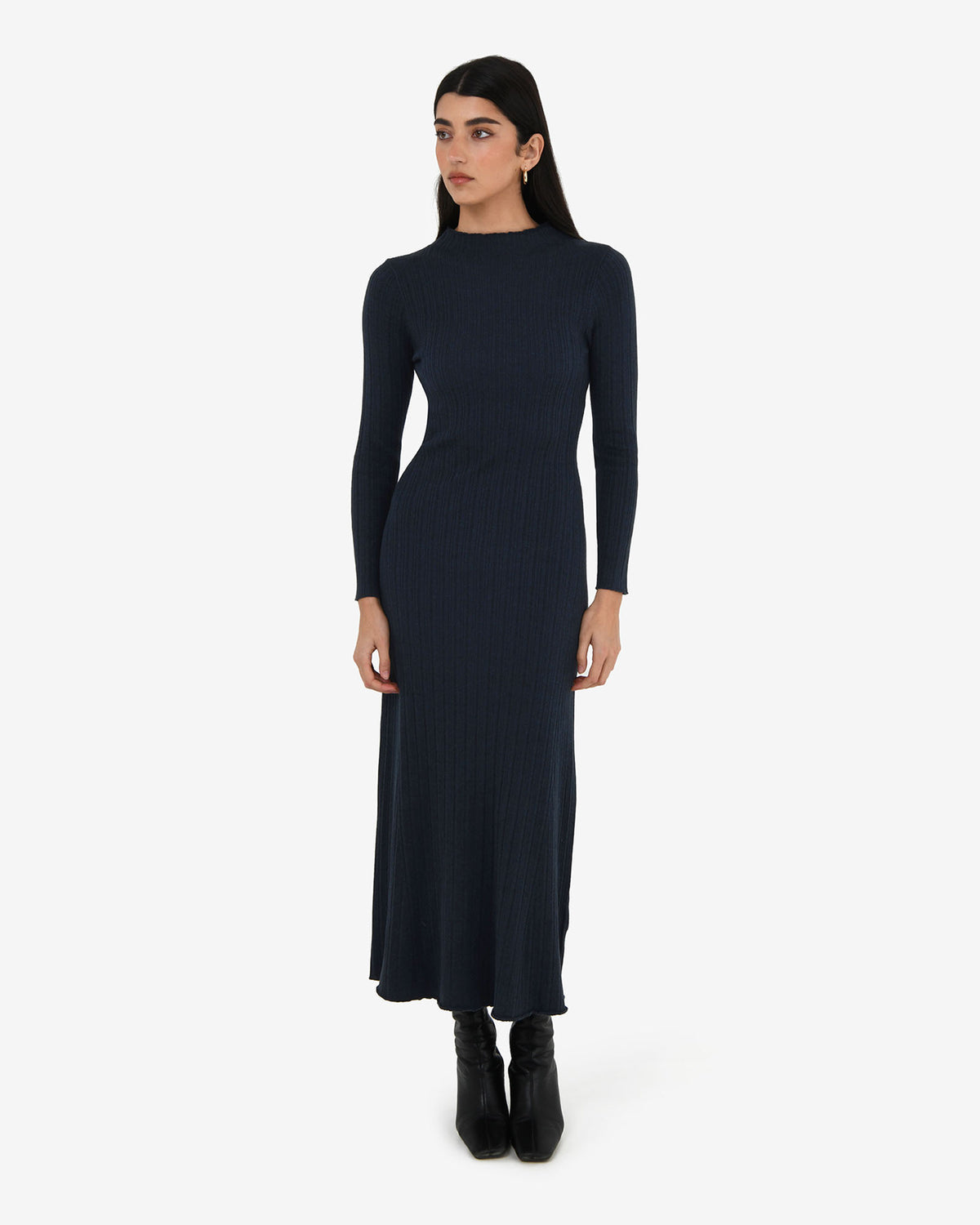 Bambi Knit Midi Dress in navy — full-length view