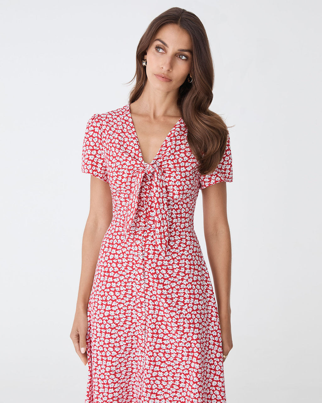 Tara Floral Button Midi Dress in red white — close-up view