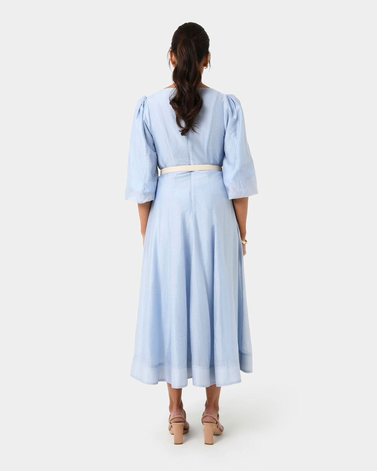Marlie Puff Sleeve Midi Dress in ash blue — back view