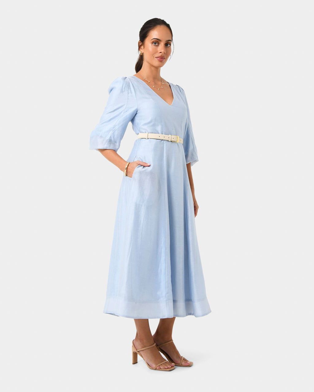 Marlie Puff Sleeve Midi Dress in ash blue — side view