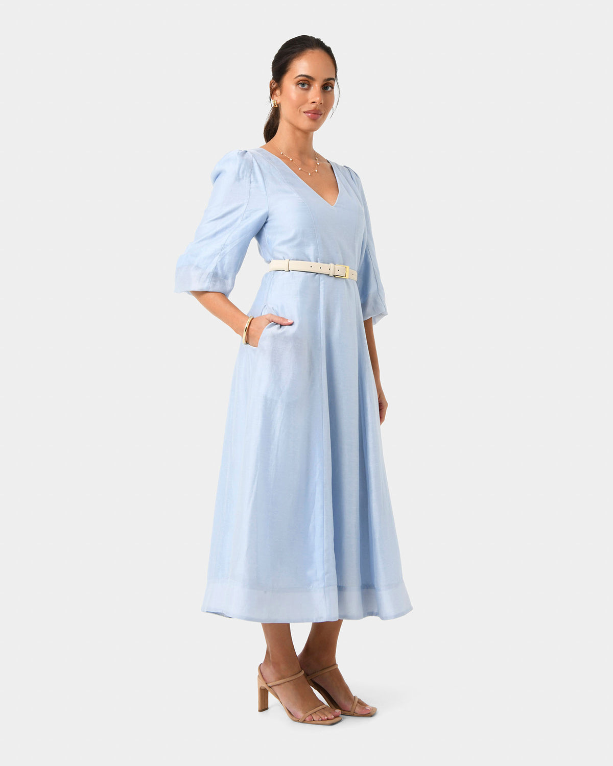 Marlie Puff Sleeve Midi Dress in ash blue — side view