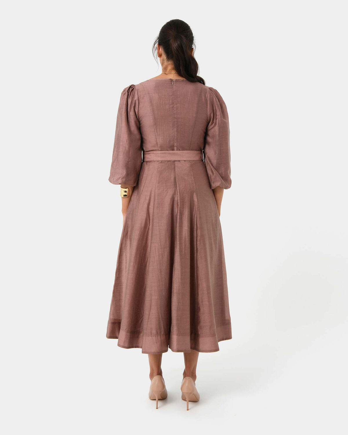Marlie Puff Sleeve Midi Dress in wood smoke — back view