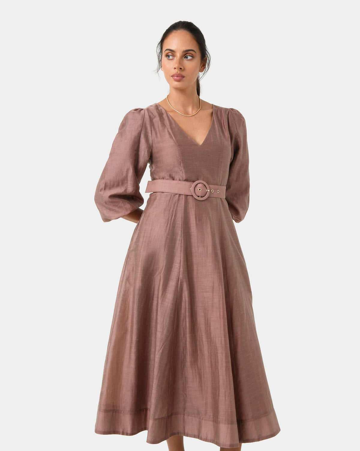 Marlie Puff Sleeve Midi Dress in wood smoke — full-length view