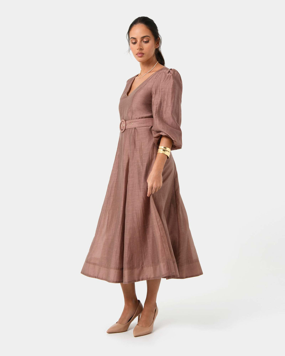 Marlie Puff Sleeve Midi Dress in wood smoke — side view