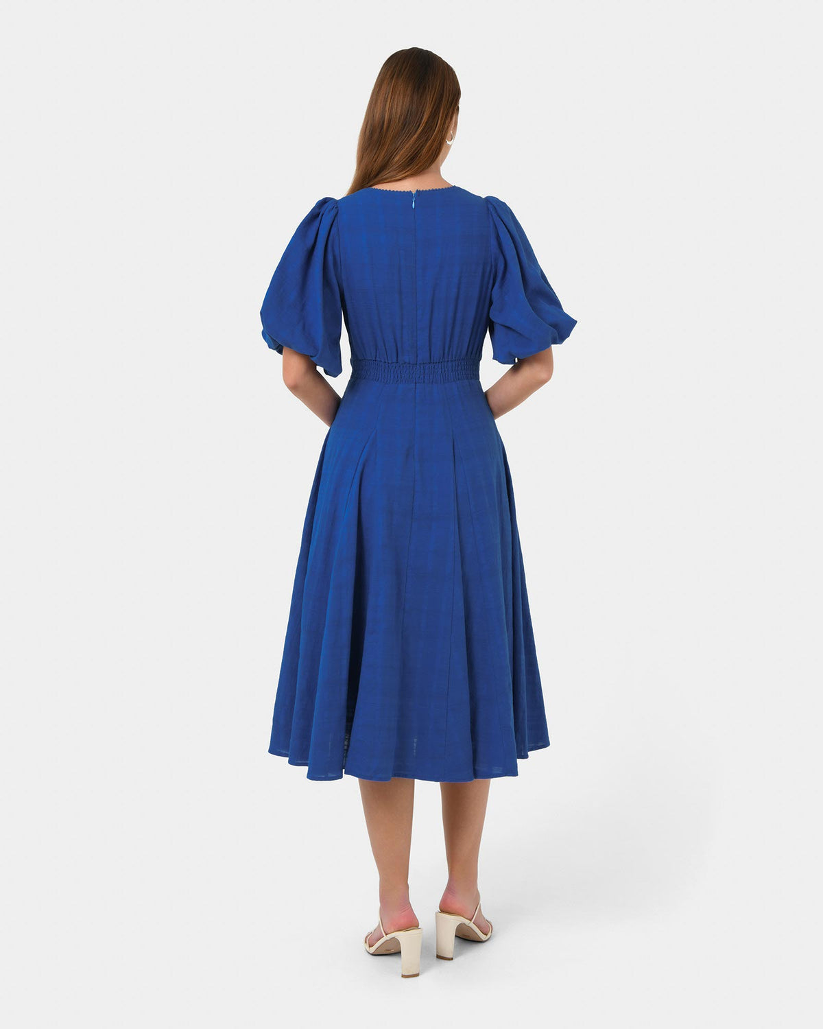 Iris Puff Sleeve Midi Dress in cobalt — back view