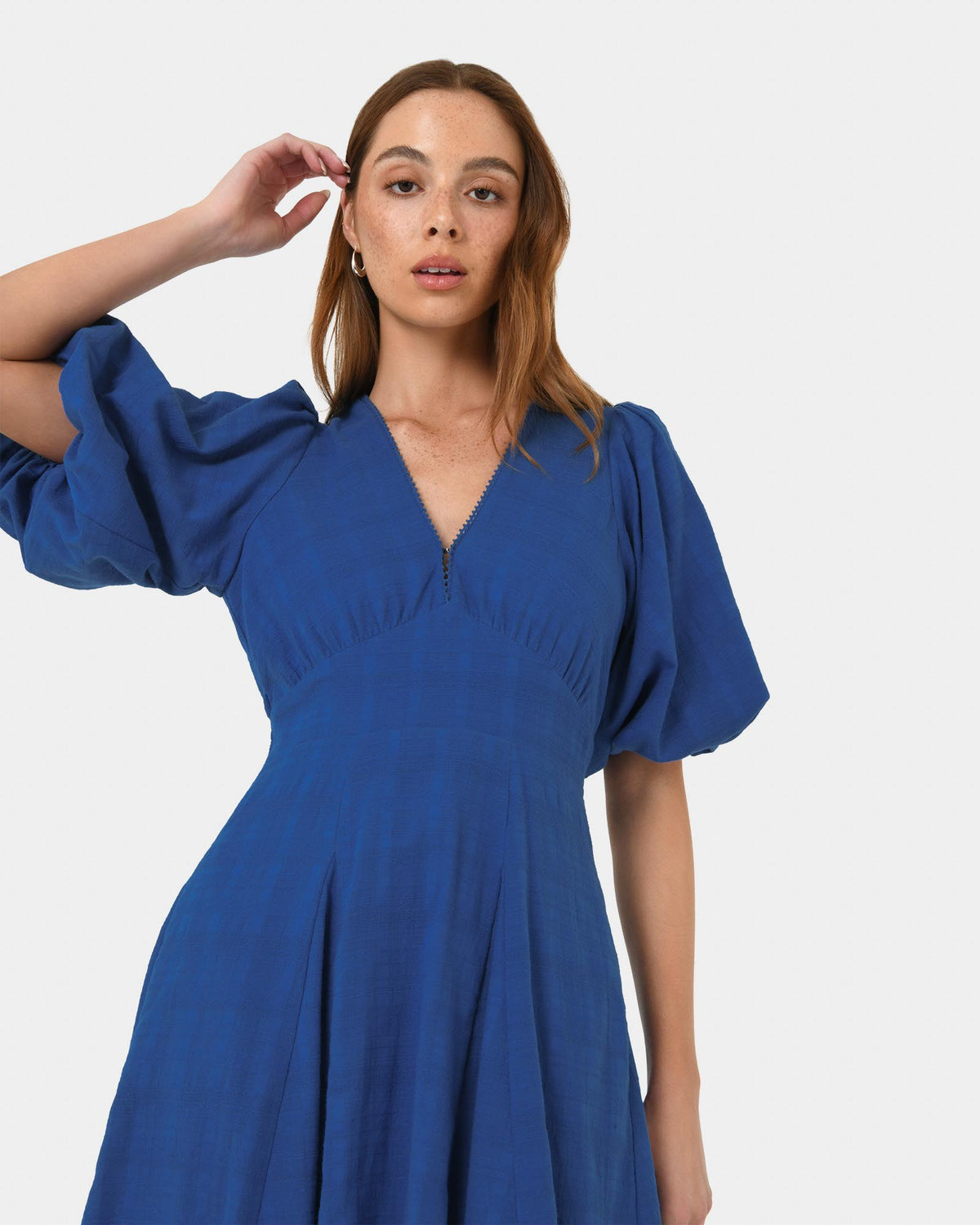 Iris Puff Sleeve Midi Dress in cobalt — close-up view