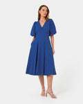 Iris Puff Sleeve Midi Dress in cobalt — full-length view