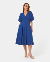 Iris Puff Sleeve Midi Dress in cobalt — full-length view