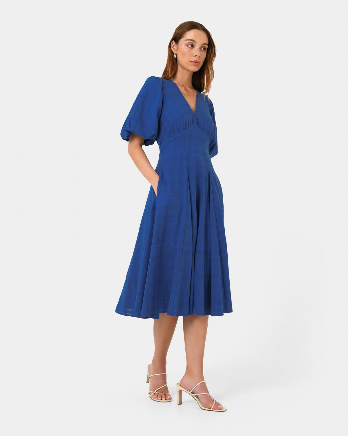 Iris Puff Sleeve Midi Dress in cobalt — side view