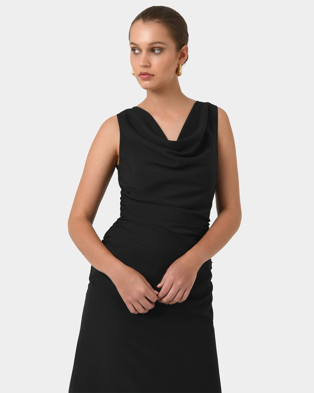 Serena Cowl Neck Dress in black — close-up view