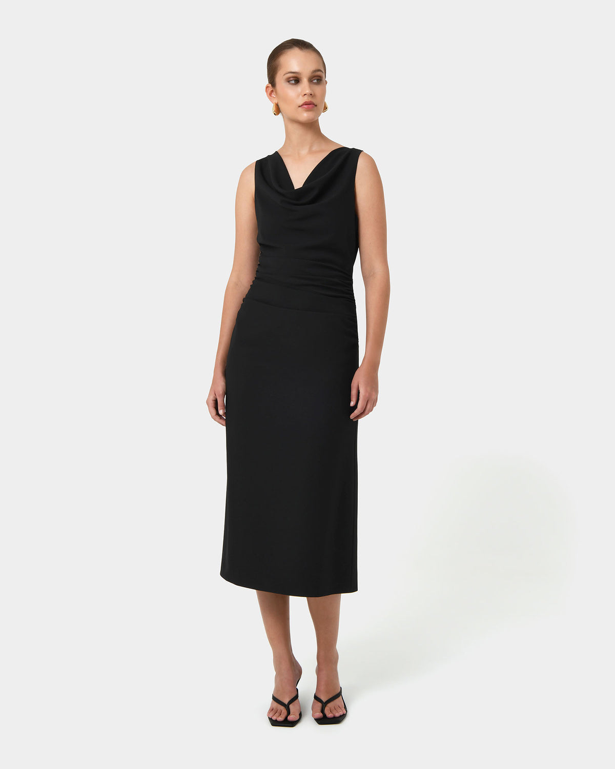 Serena Cowl Neck Dress in black — full-length view