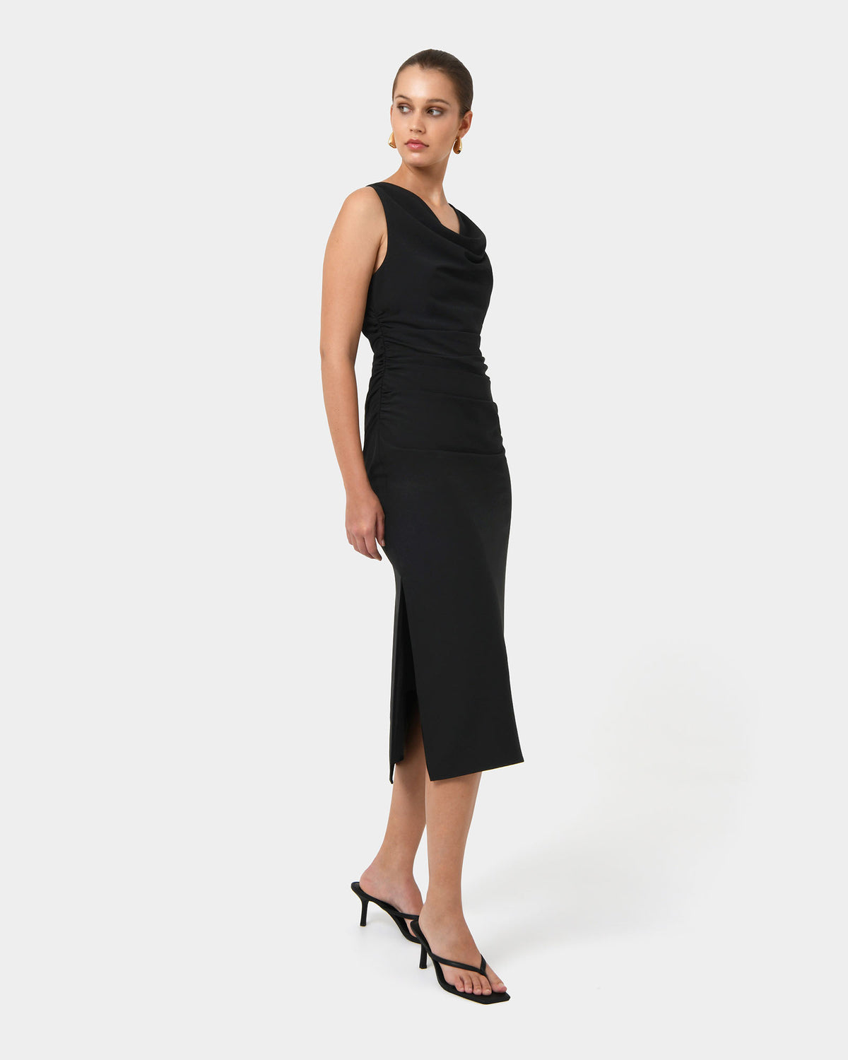 Serena Cowl Neck Dress in black — side view
