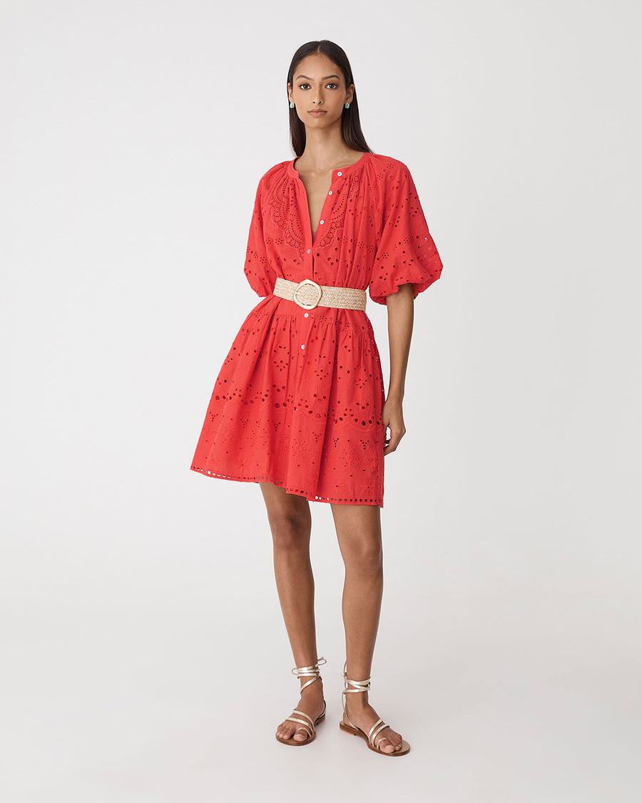 Lola Broderie Tiered Dress in fiesta red — full-length view