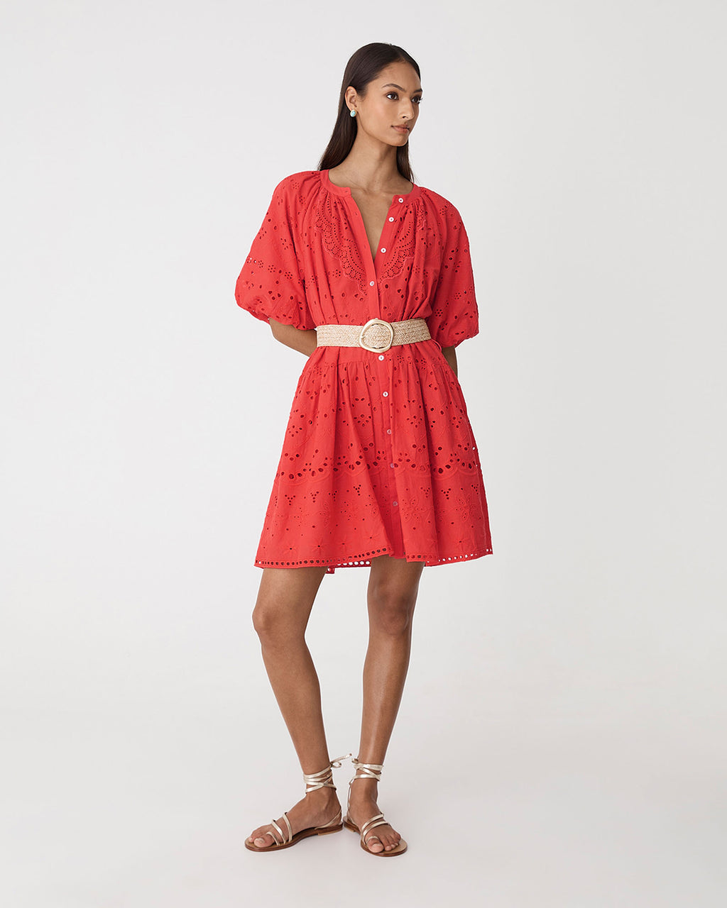 Lola Broderie Tiered Dress in fiesta red — full-length view 2