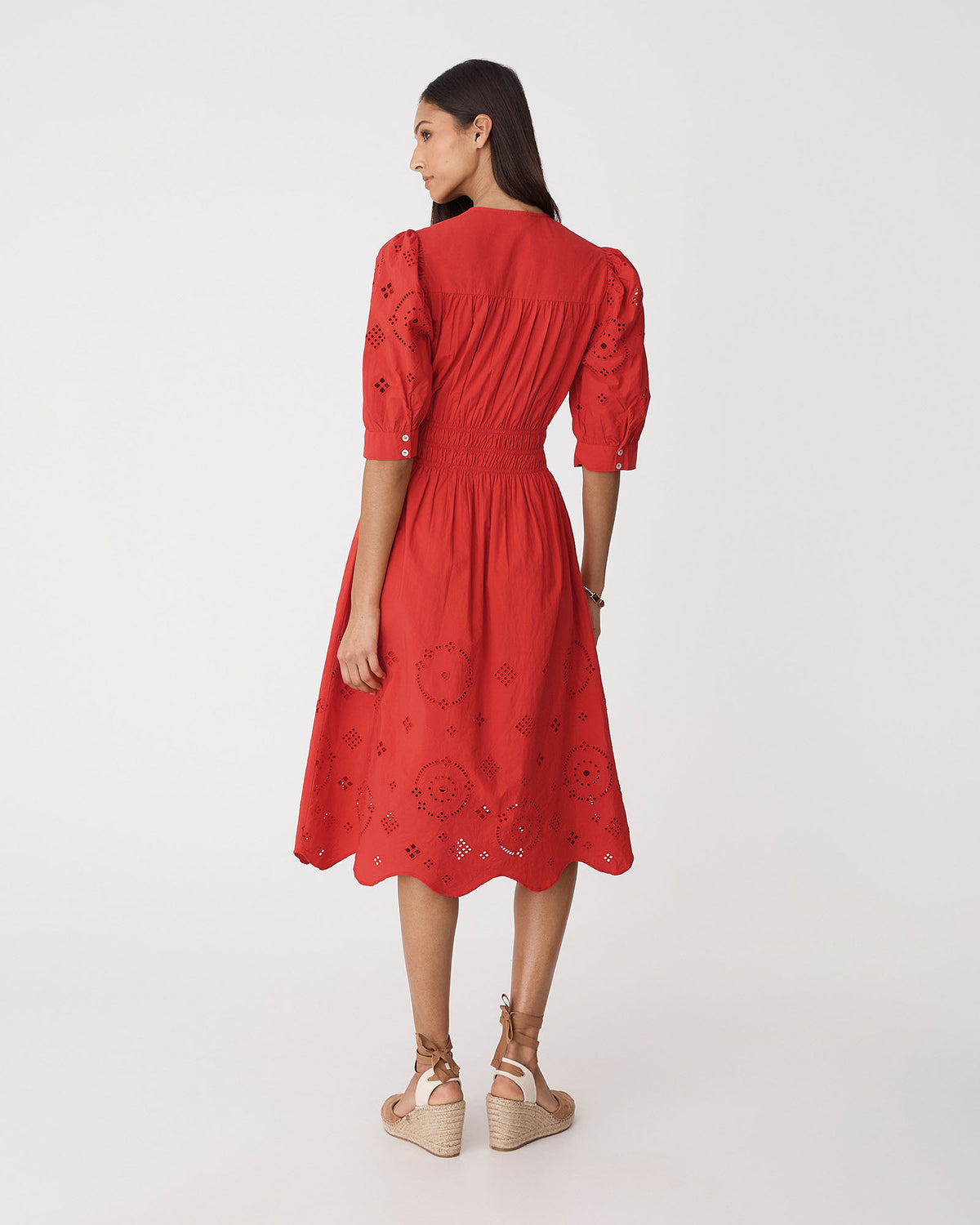 Ali Embroidered Dress in fiesta red — back view