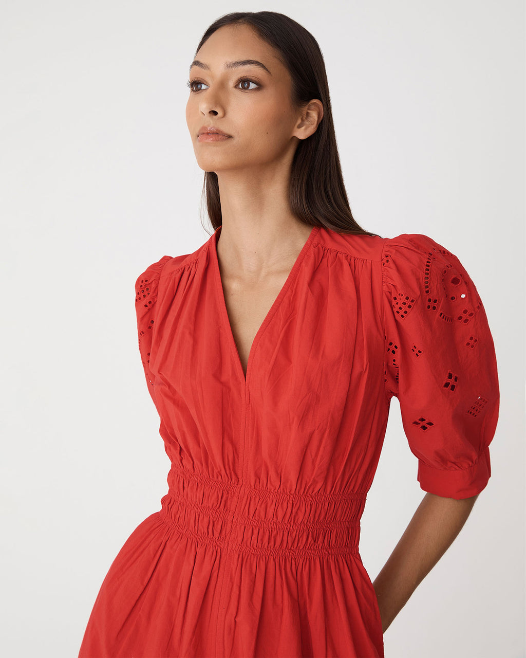 Ali Embroidered Dress in fiesta red — close-up view