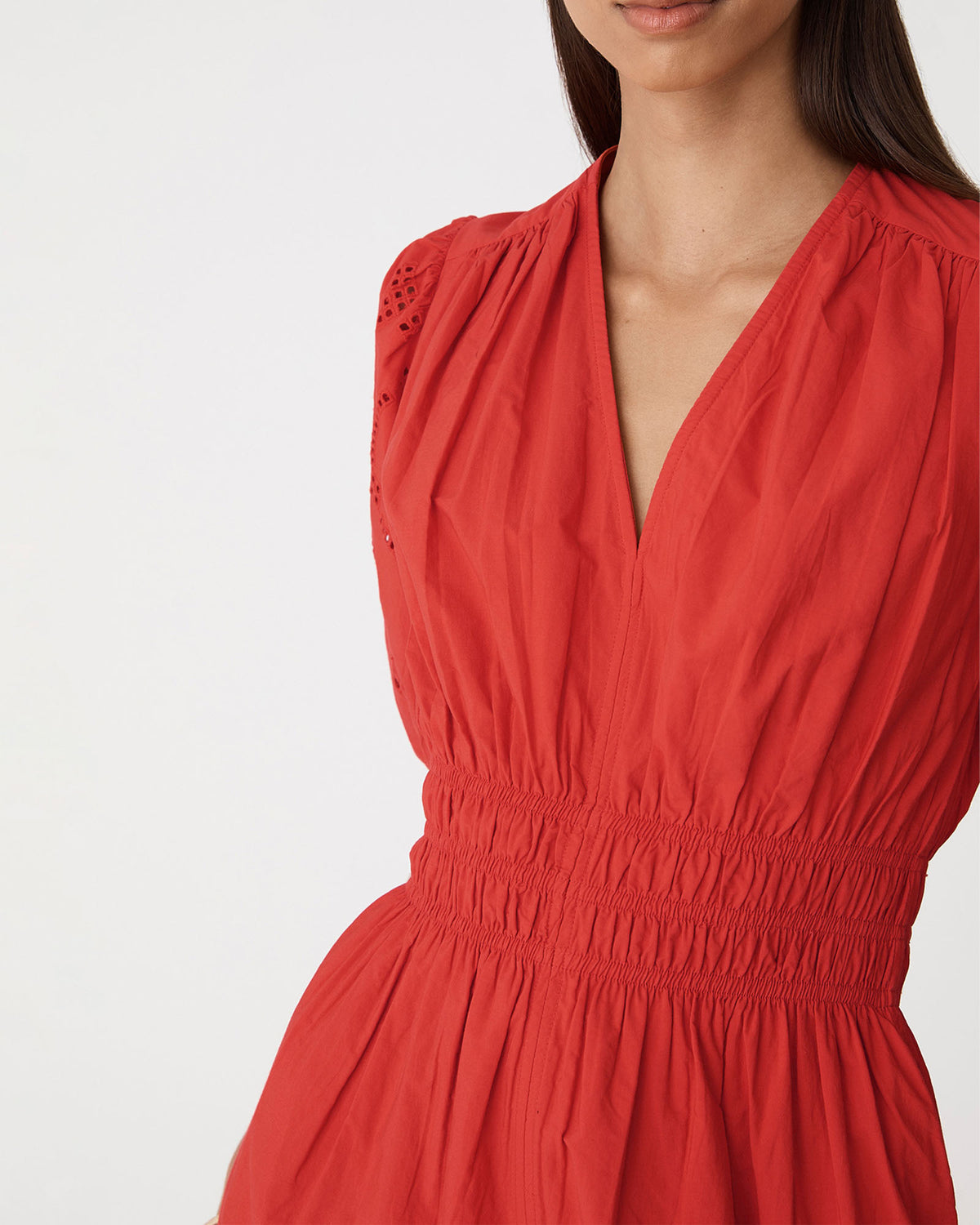 Ali Embroidered Dress in fiesta red — fabric detail